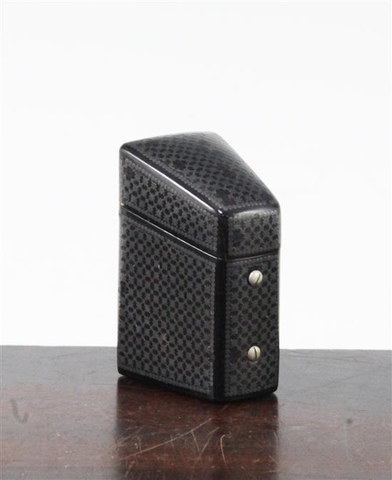 A late 19th century Russian black lacquered and pewter inlaid needle case, 2.25in.